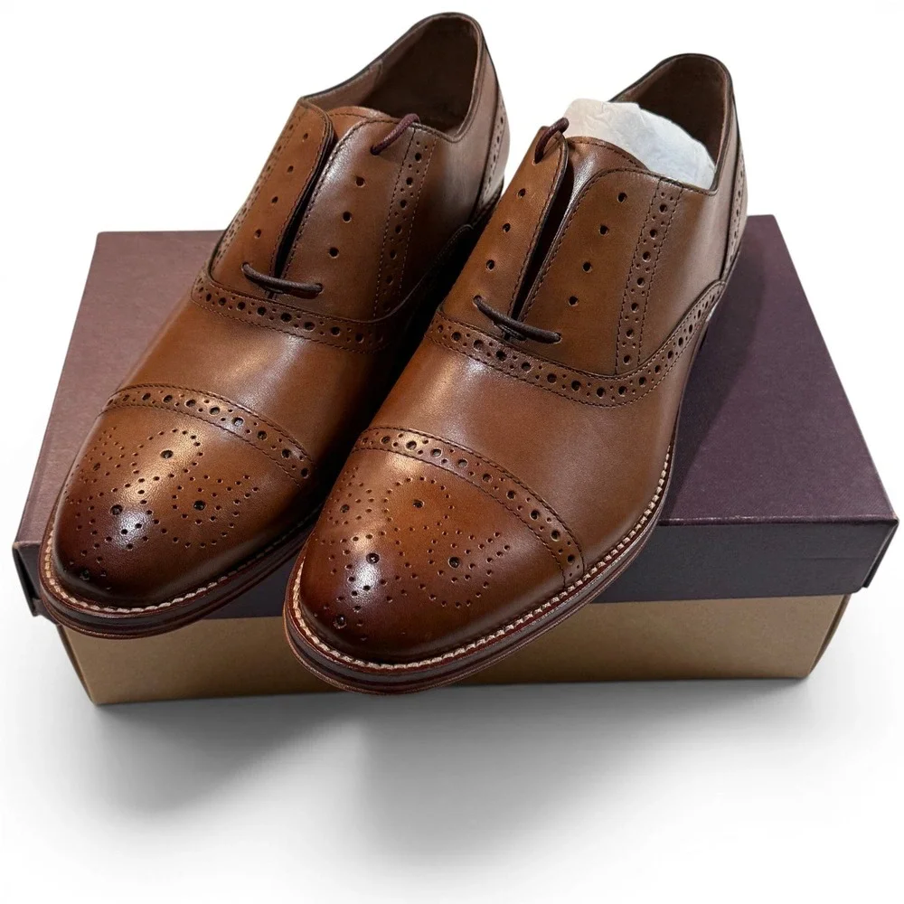 Johnston & Murphy Conard Tan Calfskin Leather Cap Toe Brogue Oxford Shoes 9 M